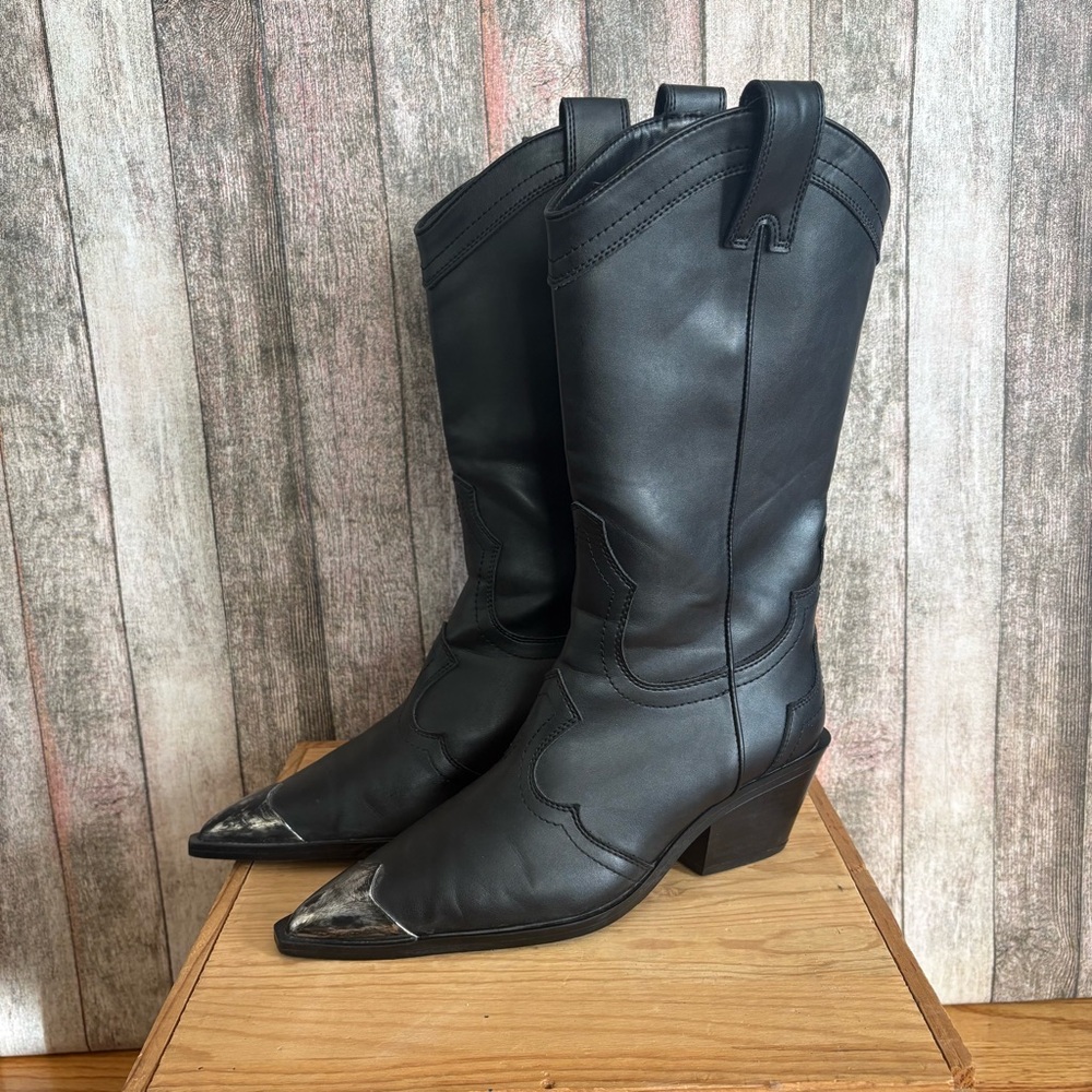 Zara Black Pointed Toe Western Heeled Boots